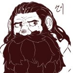  1boy beard beard_over_mouth big_nose dungeon_meshi dwarf facial_hair frown greyscale heuggu highres korean_commentary long_beard looking_to_the_side male_focus mature_eyes monochrome mustache senshi_(dungeon_meshi) solo sweatdrop thick_mustache upper_body very_long_beard wrinkled_skin 
