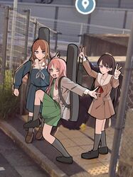  3girls bang_dream! bang_dream!_it's_mygo!!!!! black_footwear black_socks blue_eyes blue_serafuku blue_shirt blue_skirt blush brown_dress brown_footwear brown_hair chihaya_anon closed_mouth collared_shirt commentary_request double_v dress fang google_maps green_necktie green_skirt grey_jacket grey_neckerchief hanasakigawa_school_uniform haneoka_school_uniform high_school_girls_posing_for_google_street_view_(meme) highres instrument_case instrument_on_back jacket kneehighs loafers long_hair long_sleeves looking_at_viewer meme mole mole_under_eye multiple_girls nagasaki_soyo nanami_(nunnun_0410) neck_ribbon neckerchief necktie one_eye_closed open_clothes open_jacket open_mouth parted_bangs photo_background pink_hair pleated_dress pleated_skirt red_ribbon ribbon sailor_collar sailor_dress school_uniform serafuku shiina_taki shirt shoes sidelocks skirt socks sweatdrop tsukinomori_school_uniform v violet_eyes white_sailor_collar white_shirt 