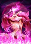  absurdres animal_ear_fluff delphox fire highres holding looking_at_viewer multicolored_fur pink_fire pokemon pokemon_(creature) red_eyes red_fur signature smile solo splatterparrot stick white_fur yellow_fur 