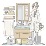  1girl bathroom bird blush brown_hair closed_mouth faucet grey_footwear grey_pants hair_bun highres holding holding_toothbrush mirror original pants penguin plant potted_plant short_hair sink slippers smile solo tameikirakuda toothbrush towel 