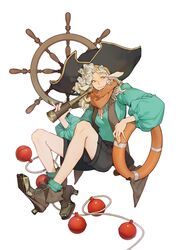  1girl absurdres animal_ears boots captainpuffy chinese_commentary commentary_request full_body hat highres holding long_hair looking_at_viewer minecraft_youtube pirate_hat popoxu scarf sheep_ears sheep_girl shorts sitting smile socks solo spyglass steering_wheel white_background white_hair yellow_eyes 