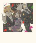  1girl 2boys :d \m/ artist_name black_hair black_necktie black_suit blonde_hair brown_eyes brown_hair buddy_daddies carrying carrying_person commentary confetti family hair_between_eyes highres kurusu_kazuki multiple_boys necktie short_hair smile striped_necktie suit suwa_rei symbol-only_commentary twitter_username uminoyurei unasaka_miri 