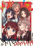  5girls :d :q akanbe awa_subaru black_bow black_choker black_eyes black_hair black_nails black_sweater blue_eyes blue_shirt blush border bow bow_hairband brown_hair choker closed_eyes closed_mouth collarbone earrings ebizuka_tomo eyelid_pull facing_viewer girls_band_cry grey_hair group_picture hairband highres iseri_nina jewelry kawaragi_momoka lightning_bolt_symbol long_hair long_sleeves low_twintails multiple_girls nail_polish one_eye_closed open_mouth pink_shirt pinky_out polaroid puckered_lips red_background red_eyes roudo_(idolnoatm) rupa_(girls_band_cry) shirt short_hair simple_background smile sweater teeth tongue tongue_out translation_request twintails upper_teeth_only v-neck violet_eyes white_border 