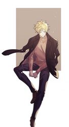  1boy 404_(m0111652) atou_haruki black_jacket black_pants blonde_hair blurry brown_footwear brown_sweater closed_eyes closed_mouth commentary_request highres invisible_chair jacket jacket_on_shoulders light_particles long_sleeves male_focus open_clothes open_jacket pants saibou_shinkyoku short_hair sitting smile solo sweater turtleneck turtleneck_sweater 