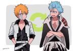  &gt;:) 2boys :d belt black_kimono black_shirt bleach bleach:_sennen_kessen-hen blue_eyes blue_hair border brown_eyes collarbone commentary_request cosplay costume_switch cowboy_shot crossed_arms facial_mark grey_background grimmjow_jaegerjaquez grimmjow_jaegerjaquez_(cosplay) hair_between_eyes highres japanese_clothes jitome kimono kurosaki_ichigo kurosaki_ichigo_(cosplay) long_sleeves looking_at_another multiple_boys open_clothes open_mouth open_shirt orange_hair scar scar_on_chest shirt short_hair side-by-side simple_background sleeves_rolled_up smile smirk smug spiky_hair tsurime twitter_username v-shaped_eyebrows white_belt white_border white_shirt wide_sleeves yanono_015 