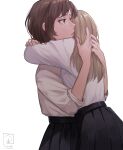  2girls absurdres arms_around_neck artist_logo artist_name black_skirt blonde_hair brown_eyes brown_hair comforting hands_on_another&#039;s_head highres hug ikahueki long_hair long_sleeves multiple_girls original shirt short_hair skirt tearing_up white_shirt 