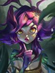  1girl absurdres bare_shoulders closed_mouth collarbone colored_skin flower green_background green_skin hair_flower hair_ornament hand_up highres index_finger_raised league_of_legends medium_hair multicolored_hair neeko_(league_of_legends) orange_eyes purple_hair qqquain red_flower redhead solo thinking 