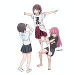  3girls a_whydc bang_dream! bang_dream!_it&#039;s_mygo!!!!! barefoot black_shirt black_skirt blue_eyes blush bocchi_the_rock! brown_hair closed_eyes closed_mouth clothes_writing crossover girls_band_cry gotoh_hitori grey_hair highres holding holding_phone iseri_nina kessoku_band_t-shirt long_hair low_twintails medium_hair multiple_girls one_side_up outstretched_arms phone pink_hair pleated_skirt red_skirt shikai_no_sumi_kuchiru_oto shirt shoes short_hair short_sleeves short_twintails sidelocks simple_background skirt smile split_mouth spread_arms standing standing_on_another&#039;s_legs takamatsu_tomori taking_picture trait_connection twintails v-shaped_eyebrows white_background white_shirt 