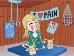  1girl barbell blonde_hair check_commentary clenched_teeth closed_eyes commentary_request exercising gakuen_idolmaster green_jacket green_shorts hair_ornament hairclip idolmaster indoors jacket long_hair long_sleeves mattress mirror parody poster_(object) shinosawa_hiro shorts sidelocks solo stuffed_toy teeth toon_(style) track_jacket weightlifting white_footwear ywr 