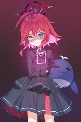  1girl absurdres ahoge aura black_dress black_gloves blue_archive blue_eyes commentary_request doll dress gloves hair_between_eyes halo heterochromia highres holding holding_doll hoshino_(blue_archive) hoshino_terror_(blue_archive) long_sleeves looking_at_viewer official_alternate_costume official_alternate_hairstyle redhead shaded_face short_hair short_hair_with_long_locks simple_background solo stuffed_whale taktori yellow_eyes 