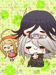  1girl 2boys :&gt; ahoge akamatsu_kaede android apron belt black_eyes black_socks blonde_hair breasts brown_footwear chibi closed_mouth collared_shirt colored_tips commentary_request cookie danganronpa_(series) danganronpa_v3:_killing_harmony eating floral_background food green_background grey_hair hair_between_eyes hair_ornament hands_on_own_chin hat head_scarf holding holding_cookie holding_food jacket k1-b0 kneehighs knees_up large_breasts layered_sleeves light_blush long_hair long_sleeves low_ponytail lying miniskirt motion_lines multicolored_hair multiple_boys musical_note musical_note_hair_ornament musical_note_print necktie oma_kokichi on_head on_stomach orange_hat orange_necktie pale_skin pink_apron pink_shirt pleated_skirt purple_hair purple_skirt purple_vest shirt shoes short_hair simple_background sitting skirt sleeves_rolled_up smile socks solid_oval_eyes sparkle standing very_long_hair vest white_belt white_jacket wrist_belt yumaru_(marumarumaru) 