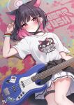  1girl absurdres animal_ears animal_print black_choker black_hair black_nails blue_archive breasts cat_ears cat_girl cat_print choker guitar guri_(gri1211) halo hand_up highres instrument kazusa_(band)_(blue_archive) kazusa_(blue_archive) light_frown lying medium_breasts medium_hair miniskirt multicolored_hair nail_polish on_back pink_eyes pink_hair pink_halo pleated_skirt print_shirt shirt skirt slit_pupils solo spiked_choker spikes thigh_strap two-tone_hair white_shirt white_skirt 