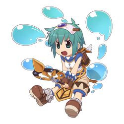  1girl :d backpack bag blue_eyes blue_hair blue_shirt boots breasts brown_bag brown_footwear brown_gloves brown_shorts chibi chibi_only cross_print fingerless_gloves full_body gloves holding hydrokinesis jumping looking_afar medium_bangs official_art open_mouth ragnarok_online shirt shorts simple_background sleeveless sleeveless_shirt small_breasts smile solo super_novice_(ragnarok_online) transparent_background turtleneck turtleneck_shirt two-tone_shirt v-shaped_eyebrows water white_shirt yuichirou 