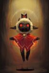  1other bell black_crown_(object) black_horns brown_background cape closed_mouth colored_sclera cult_of_the_lamb darkness flying full_body furry highres horns jingle_bell koto_inari looking_at_viewer neck_bell no_pupils other_focus red_cape red_crown_(cult_of_the_lamb) red_sclera signature solo the_lamb_(cult_of_the_lamb) 