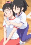  2girls :o black_hair blue_pants blush bow brown_eyes closed_eyes commentary_request english_commentary gym_shirt gym_uniform hair_between_eyes hair_bow highres hirasawa_shizuku hug hug_from_behind ichikawa_masahiro indoors kneeling kuroki_tomoko long_hair mixed-language_commentary multiple_girls open_mouth own_hands_together pants pink_bow polka_dot polka_dot_bow ponytail red_pants shirt shoes short_sleeves sidelocks sitting sneakers socks teeth track_pants upper_teeth_only v_arms watashi_ga_motenai_no_wa_dou_kangaetemo_omaera_ga_warui! white_footwear white_shirt white_socks wooden_floor yuri 