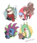  1boy 1girl black_gloves black_vest black_wristband brown_hair character_doll closed_mouth commentary_request cubchoo doll ghetsis_(pokemon) gloves green_hair hilda_(pokemon) hime_(himetya105) holding holding_doll hydreigon long_hair looking_down pokemon pokemon_(creature) pokemon_bw red_eyes red_scarf scarf serperior shirt sidelocks smile sparkle thought_bubble translation_request vest white_shirt 