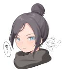  1girl animification apex_legends black_hair black_scarf blue_eyes blush chibi chibi_inset hair_behind_ear hair_bun looking_at_viewer nagoooon_114 parted_lips portrait scarf single_hair_bun smile solo_focus speech_bubble translation_request white_background wraith_(apex_legends) 