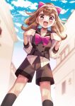  1girl :d artist_name backpack bag black_socks blue_sky blurry blurry_background bow bowtie brown_hair brown_sailor_collar brown_shorts brown_vest building clouds cloudy_sky commentary_request day depth_of_field doroshii hair_bow highres inukai_komugi long_sleeves looking_at_viewer open_mouth outdoors partial_commentary pink_bow pink_bowtie precure red_eyes sailor_collar school_uniform second_wangan_school_uniform shirt shorts signature sky smile socks solo split_ponytail standing twitter_username vest white_shirt wonderful_precure! 