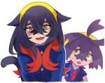  1boy 1girl :d animal_ears black_hair blue_jacket blueberry_academy_school_uniform brother_and_sister carmine_(pokemon) cat_ears cat_girl cat_tail chiimako colored_inner_hair crossed_bangs eyelashes fang hair_between_eyes hairband jacket kieran_(pokemon) long_hair long_sleeves looking_at_viewer mole mole_on_neck mole_under_eye multicolored_hair necktie open_mouth pokemon pokemon_sv purple_hair red_necktie redhead school_uniform siblings smile tail two-tone_hair upper_body white_background yellow_eyes yellow_hairband 