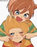  2boys absurdres blonde_hair blue_eyes brothers brown_hair child claus_(mother_3) haru-cho highres lucas_(mother_3) male_focus mother_(game) mother_3 multiple_boys open_mouth orange_hair shirt short_hair shorts siblings smile striped_clothes striped_shirt 