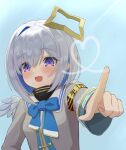  1girl amane_kanata amane_kanata_(1st_costume) angel_wings armband blue_background blue_bow blue_bowtie blue_hair blush bob_cut bow bowtie colored_inner_hair commentary_request dot_nose drawing_on_fourth_wall feathered_wings finger_writing grey_hair grey_jacket halo heart hololive jacket long_sleeves looking_at_viewer medium_hair mini_wings multicolored_hair nishiki_vx open_mouth outstretched_arm pink_hair pointing pointing_at_viewer sidelocks simple_background sleeve_cuffs smile solo star_halo streaked_hair upper_body violet_eyes virtual_youtuber white_wings wide_sleeves wings yellow_halo 