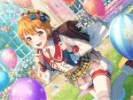  1girl :d backpack bag bag_charm balloon bang_dream! bench beret blush bow building center_frills charm_(object) collared_shirt confetti dutch_angle earrings flower frills hair_ornament hairclip hat hat_bow jewelry kitazawa_hagumi leg_lift looking_at_viewer necktie official_art open_mouth orange_eyes orange_hair outdoors pocket_watch puffy_shorts sailor_collar see-through see-through_sleeves shirt short_hair shorts smile solo stuffed_animal stuffed_toy thigh-highs third-party_source watch 