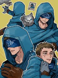  1boy animal_on_shoulder bird blindfold blue_blindfold blue_cloak brown_gloves brown_hair cloak eli_clark facial_mark flying_sweatdrops gloves grey_eyes hood hood_down hooded_cloak identity_v male_focus michiru_(amphibian) multiple_views no_blindfold owl photo_(object) short_hair smile yellow_background 