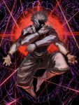 1boy arm_tattoo black_nails brown_hair chest_tattoo extra_arms extra_eyes hands_up highres jujutsu_kaisen kota_2kx looking_at_viewer male_focus pants red_background red_eyes ryoumen_sukuna_(jujutsu_kaisen) ryoumen_sukuna_(true_form)_(jujutsu_kaisen) short_hair solo tattoo topless_male white_pants 
