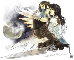  1boy 1girl arm_ribbon artist_name belt black_eyes black_gloves black_hair black_jacket black_pants black_ribbon blue_eyes brown_belt brown_hair chain character_name commentary_request couple cropped_jacket dated dated_commentary detached_sleeves feathered_wings final_fantasy final_fantasy_viii from_side fur-trimmed_jacket fur_trim gloves gunblade hair_over_shoulder happy_birthday hetero hinokami holding holding_weapon imminent_kiss jacket long_hair long_sleeves midriff_peek multiple_belts open_clothes open_jacket pants parted_lips ribbon rinoa_heartilly scar scar_on_face shirt short_hair sleeveless_duster squall_leonhart thigh_strap translucent upper_body weapon white_fur white_shirt wings 