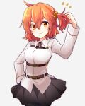  1girl ahoge belt belt_buckle black_belt black_pantyhose black_skirt breasts buckle chaldea_uniform fate/grand_order fate_(series) fujimaru_ritsuka_(female) hair_between_eyes hair_ornament hair_scrunchie hand_in_pocket holding_own_hair jacket kagami_(yui1995) light_blush looking_at_viewer medium_breasts medium_hair one_side_up orange_eyes orange_hair orange_scrunchie pantyhose scrunchie short_hair side_ponytail simple_background skirt smile solo white_background white_jacket yellow_scrunchie 