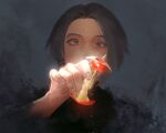  1girl apple apple_core black_eyes black_hair cheondo covered_mouth earrings final_fantasy final_fantasy_xiv food fruit grey_background hand_up highres holding holding_food holding_fruit jewelry looking_at_viewer portrait reverse_trap short_hair simple_background solo wide-eyed zero_(ff14) 