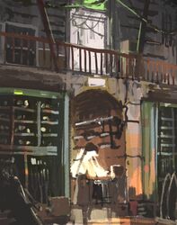  balcony dark door highres lamp light original painting_(medium) railing sanegesan scenery shadow shelf shell table traditional_media wire 