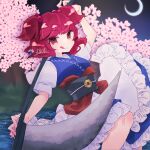  1girl cherry_blossoms crescent_moon licking_lips moon night onozuka_komachi petticoat red_eyes redhead river short_twintails solo tongue tongue_out touhou tree twintails yoruuta 