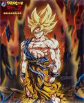  1boy abs aura commentary commission debris dougi dragon_ball dragon_ball_z english_commentary fellipart highres looking_at_viewer muscular muscular_male orange_pants pants pectorals solo son_goku spiky_hair super_saiyan super_saiyan_1 torn torn_clothes torn_pants tree watermark wristband yellow_aura 