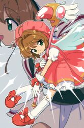  1girl brown_hair cardcaptor_sakura dress gloves green_eyes highres holding holding_wand kinomoto_sakura looking_at_viewer magical_girl multiple_views nzeneee open_mouth pink_dress pink_hat school_uniform short_hair skirt smile tomoeda_elementary_school_uniform wand white_gloves 