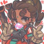  1girl absurdres animification apex_legends aqua_shirt blush brown_eyes brown_gloves brown_hair eyebrow_cut gloves hair_behind_ear highres jacket jrpencil orange_jacket ponytail rampart_(apex_legends) sheila_(minigun) shirt solo thick_eyebrows v-shaped_eyebrows weapon weapon_on_back white_background 