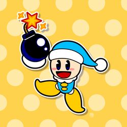  1boy blue_eyes blue_hat blush_stickers bomb explosive full_body hat holding holding_bomb kirby_(series) lit_fuse looking_at_viewer male_focus no_humans no_nose open_mouth polka_dot polka_dot_background pom_pom_(clothes) poppy_bros_jr rayman_limbs sasakinao solo yellow_background 