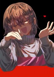  1other :d black_background blue_sweater brown_hair choco_rabbitt closed_eyes commentary elbows_on_table english_commentary facing_viewer frisk_(undertale) hair_between_eyes hand_on_own_cheek hand_on_own_face hands_up hashtag-only_commentary head_tilt heart highres open_mouth other_focus pink_sweater short_hair simple_background smile solo striped_clothes striped_sweater sweater table turtleneck turtleneck_sweater two-tone_sweater u_u undertale upper_body 