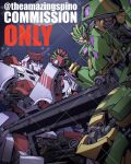  arm_wrestling autobot blue_eyes commission cross highres kamitoge_supino looking_ahead looking_at_viewer mecha_focus no_humans predacon ratchet_(transformers) red_cross redesign science_fiction solid_eyes transformers v-fin violet_eyes waspinator watermark 