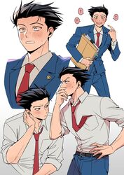  1boy ? ace_attorney belt belt_buckle black_belt black_hair blue_eyes blue_jacket blue_pants blush buckle collared_shirt covering_own_mouth embarrassed feet_out_of_frame file frown full-face_blush hand_on_own_hip hand_on_own_neck highres jacket looking_at_viewer looking_to_the_side male_focus necktie necktie_in_pocket pants phoenix_wright pointing pointing_at_self pusna1031 red_necktie shirt shirt_tucked_in short_hair speech_bubble spiky_hair sweat v-shaped_eyebrows white_background white_shirt 