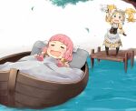  2girls blonde_hair blue_eyes boat bridge commission drooling fire_emblem fire_emblem_fates hime_cut igni_tion lissa_(fire_emblem) mitama_(fire_emblem) multiple_girls open_mouth pink_hair sleeping twintails water watercraft 
