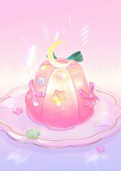  bow chinese_commentary commentary_request crescent food food_focus gelatin glowing highres no_humans original pink_bow pink_ribbon pink_theme plate realistic ribbon signature star_(symbol) still_life taoqi7777 