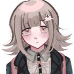  1girl blush brown_hair collared_shirt danganronpa_(series) danganronpa_2:_goodbye_despair dress_shirt flipped_hair hair_ornament jacket long_sleeves looking_at_viewer medium_hair nanami_chiaki neck_ribbon open_clothes open_jacket pink_eyes pink_ribbon ribbon shirt solo spaceship_hair_ornament two-tone_shirt 