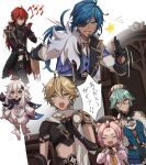  3boys 3girls 403pa aether_(genshin_impact) ahoge animal_ears antenna_hair aqua_hair arm_armor armor black_gloves black_hat black_jacket black_necktie black_pants black_scarf black_shirt blonde_hair blue_eyes blue_gemstone blue_hair blue_vest boots brown-framed_eyewear cape card cat_ears cat_girl clenched_hands closed_eyes closed_mouth collared_shirt constellation_print crystal_hair_ornament dark-skinned_male dark_skin diluc_(genshin_impact) diona_(genshin_impact) door dress earrings eyepatch fang fingerless_gloves floral_print flying fur_trim gem genshin_impact glasses gloves grey_hair grey_shirt hair_between_eyes hair_ornament halo hands_up hat highres holding holding_card jacket jewelry kaeya_(genshin_impact) lapels long_hair long_sleeves looking_at_another mechanical_halo menacing_(jojo) multiple_boys multiple_girls necktie no_eyes open_clothes open_jacket open_mouth open_vest orange_cape orange_eyes paimon_(genshin_impact) pants pink_dress pink_hair ponytail puffy_long_sleeves puffy_sleeves red_gemstone redhead romper running scarf semi-rimless_eyewear shaded_face shirt short_hair short_sleeves shoulder_armor simple_background single_earring smile speech_bubble standing star_(symbol) sucrose_(genshin_impact) suit sweatdrop tassel teeth thumbs_up topknot v-shaped_eyebrows vest violet_eyes vision_(genshin_impact) white_background white_footwear white_hat white_romper white_scarf white_shirt white_vest yellow_eyes 