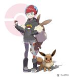  1girl backpack bag blue_hair boots brown_bag closed_mouth commentary_request eevee glasses hand_in_pocket highres holding holding_poke_ball hood hood_down hoodie long_sleeves multicolored_hair pantyhose penny_(pokemon) poke_ball poke_ball_(basic) poke_ball_symbol pokemon pokemon_(creature) pokemon_sv redhead round_eyewear see-through see-through_skirt shorts shorts_under_skirt skirt smile standing tellzeta two-tone_hair 