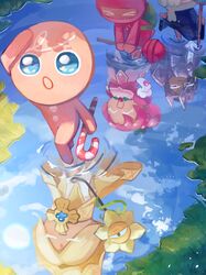  2girls 4boys absurdres backpack bag candy candy_cane commentary_request comparison cookie_run cookie_run:_kingdom dark_choco_cookie different_reflection food gingerbrave gingerbread_man highres holding holding_candy holding_food holding_lollipop hollyberry_cookie kapuri_cha lollipop multiple_boys multiple_girls official_style outdoors oversized_food oversized_object pure_vanilla_cookie reflection reflective_water strawberry_cookie walking wizard_cookie 