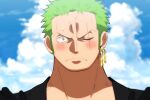  1boy blush constricted_pupils frown green_hair long_sideburns male_focus official_style one_piece portrait roronoa_zoro scar scar_across_eye short_hair sideburns solo straight-on udon_oneday veiny_neck 