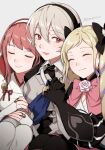  3girls blonde_hair blush breasts closed_eyes corrin_(female)_(fire_emblem) corrin_(fire_emblem) elise_(fire_emblem) fire_emblem fire_emblem_fates hair_between_eyes hairband highres hug long_hair multiple_girls open_mouth peach11_01 pink_hair pointy_ears purple_hair red_eyes sakura_(fire_emblem) short_hair simple_background smile twintails upper_body 