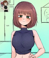  1girl borrowed_character breasts brown_hair closed_mouth crop_top crumblestodust green_eyes grey_shirt highres history_teacher_(lowgradef) large_breasts looking_at_viewer math_teacher_(lowgradef) original reference_inset shirt short_hair simple_background sleeveless sleeveless_shirt smile solo_focus upper_body 