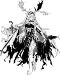  1girl animal_ears arknights armor cape cloak gauntlets greaves greyscale highres holding holding_sword holding_weapon hood hood_up hooded_cloak kyo_zip leg_armor monochrome moose_antlers moose_ears moose_girl single_gauntlet solo standing standing_on_one_leg sword torn_cape torn_clothes viviana_(arknights) weapon white_background 
